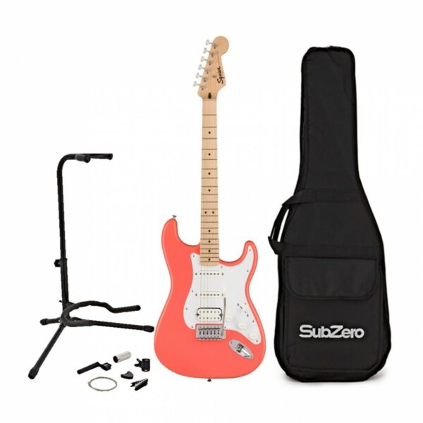 squier sonic stratocaster hss tahiti coral w gig bag accesory pack guitare electrique
