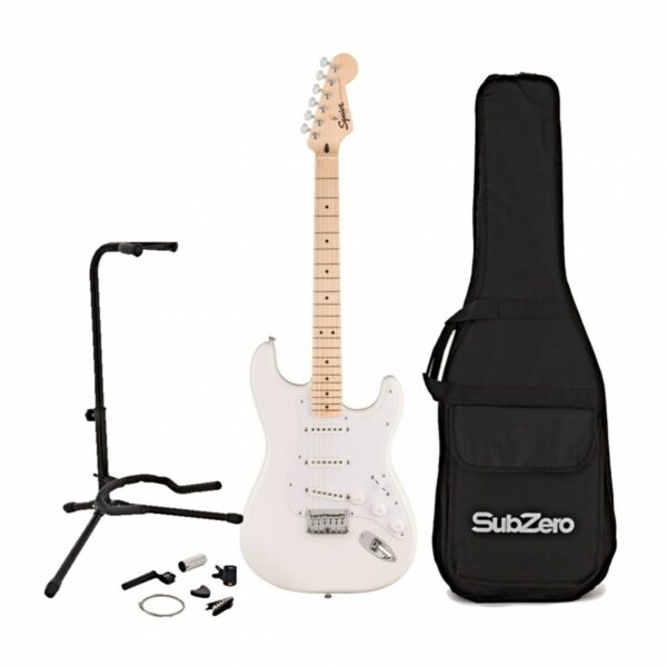 squier sonic stratocaster ht arctic white w gig bag accesory pack guitare electrique