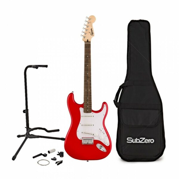 squier sonic stratocaster ht torino red w gig bag accesory pack guitare electrique